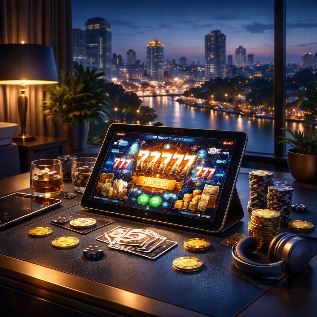 Modern online casino environment representing ACE444 with sleek interface, dynamic table games and premium digital entertainment mood