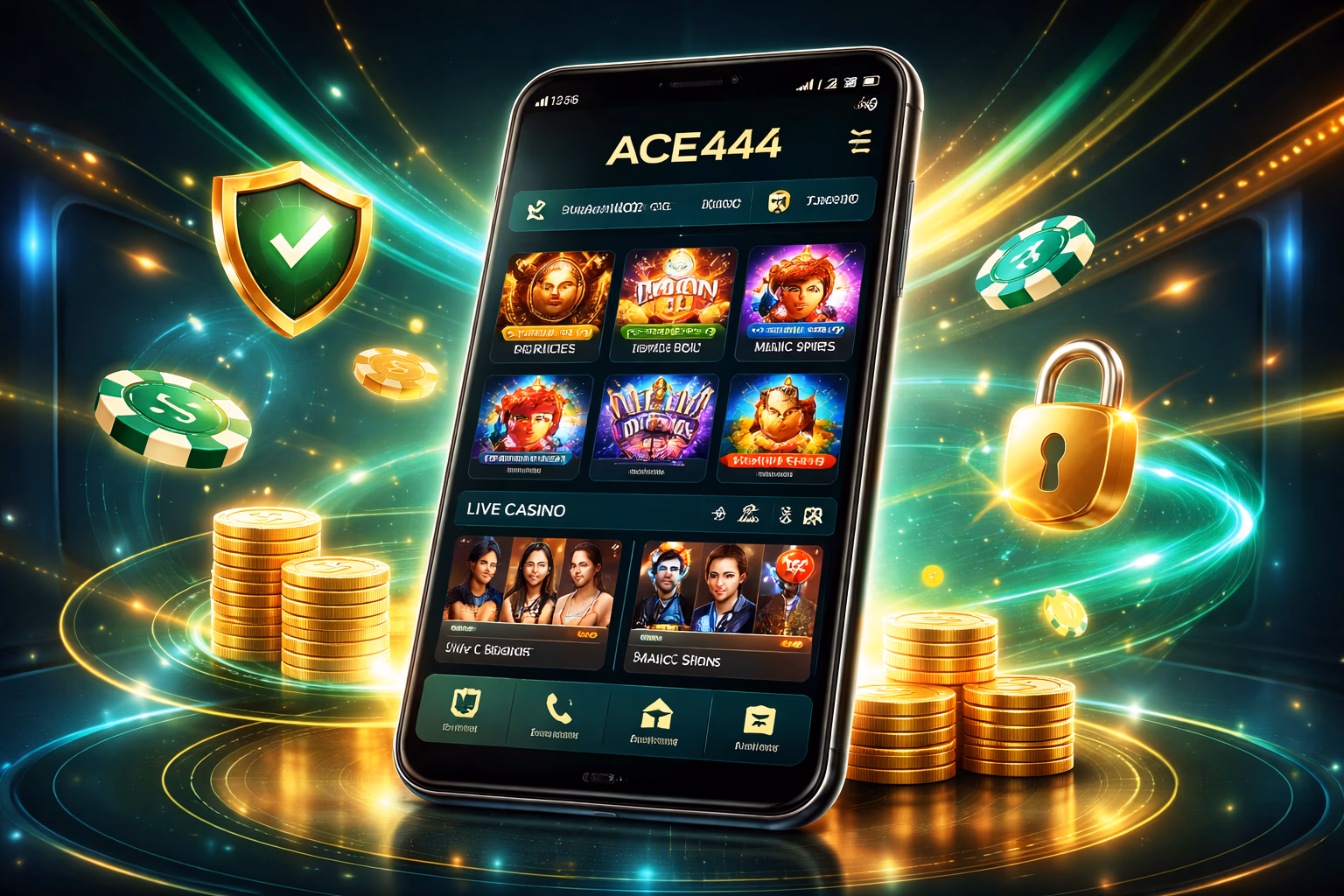 Modern smartphone showing the ACE444 app interface with bright casino visuals and mobile gaming elements