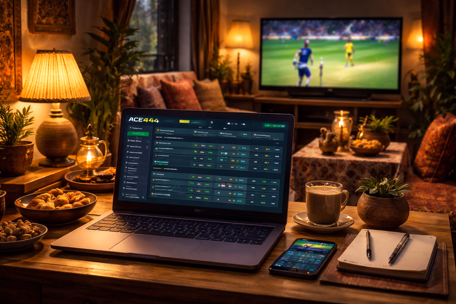 ACE444 user checking live sports odds on laptop while following a match broadcast in a comfortable Bangladesh home setup