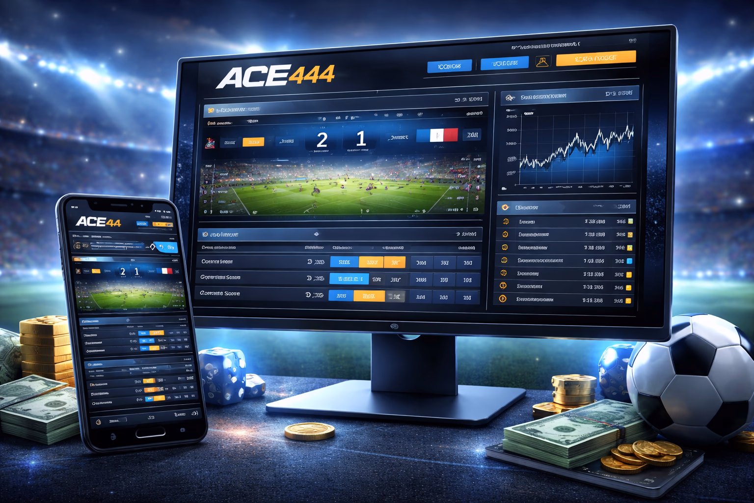 ACE444 bettor following a live sports event on desktop and mobile with changing odds visible on screen