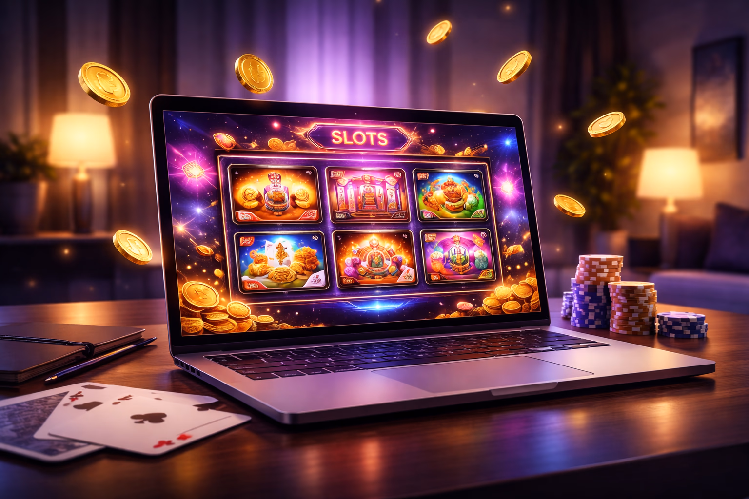 Laptop screen showing vibrant ACE444 game selection with glowing chips, reels and a polished digital casino interface