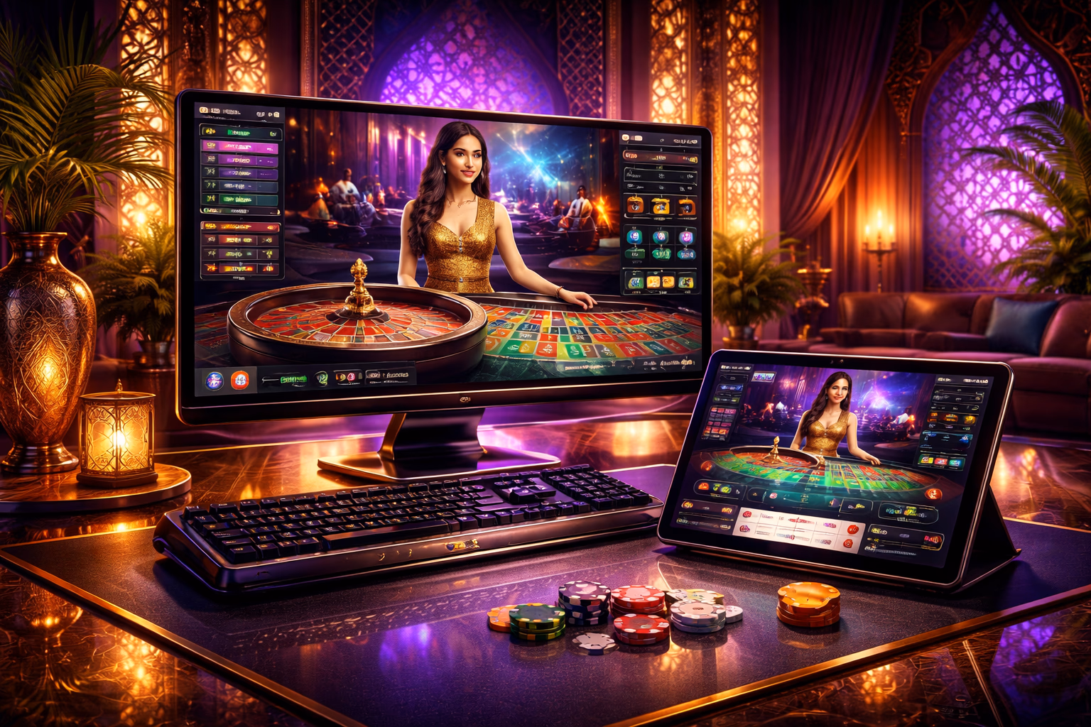 Modern gaming setup with ACE444 casino interface on screen in a sleek neon-lit environment for Bangladesh users