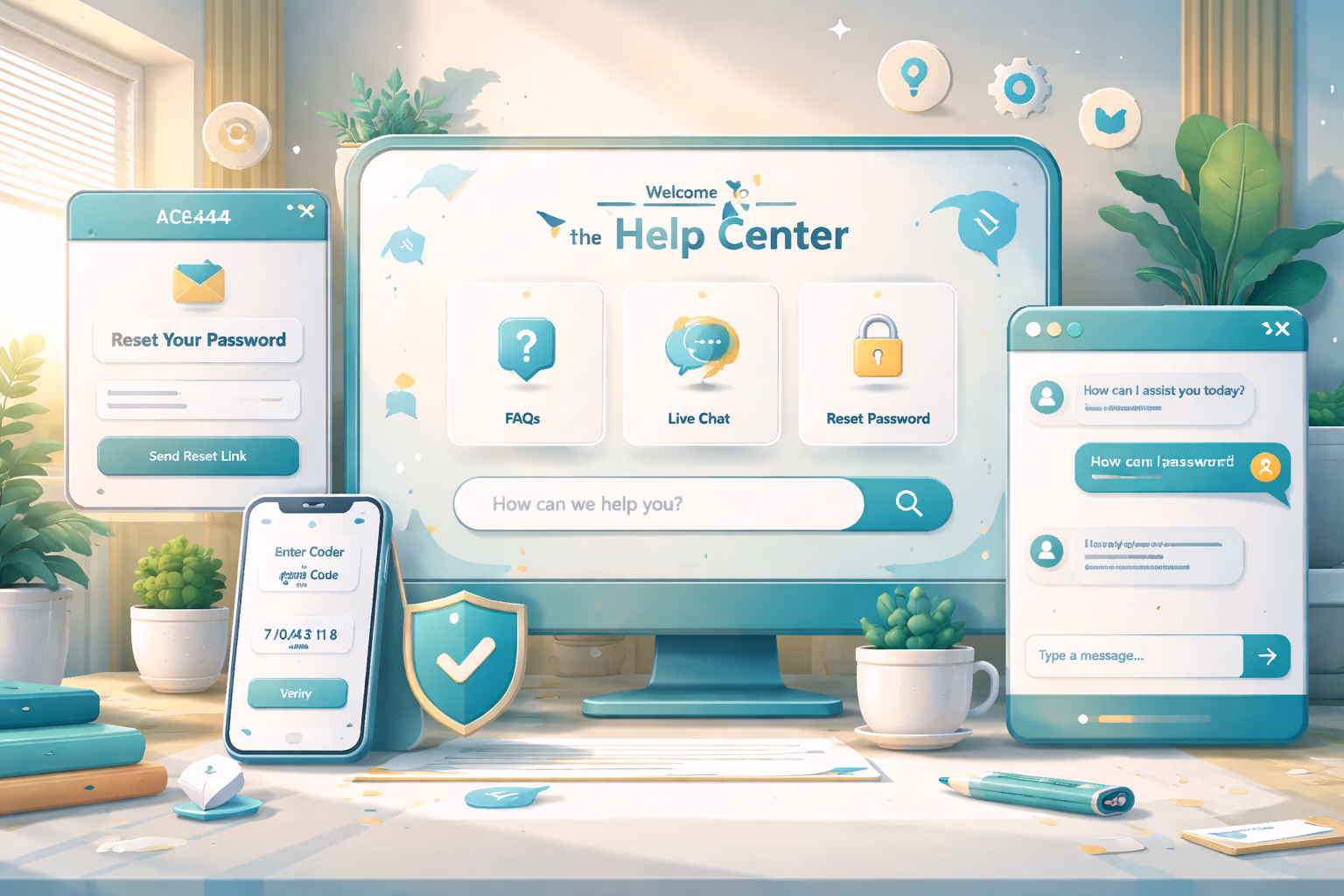 Helpful ACE444 support access concept with login assistance dashboard and bright service interface
