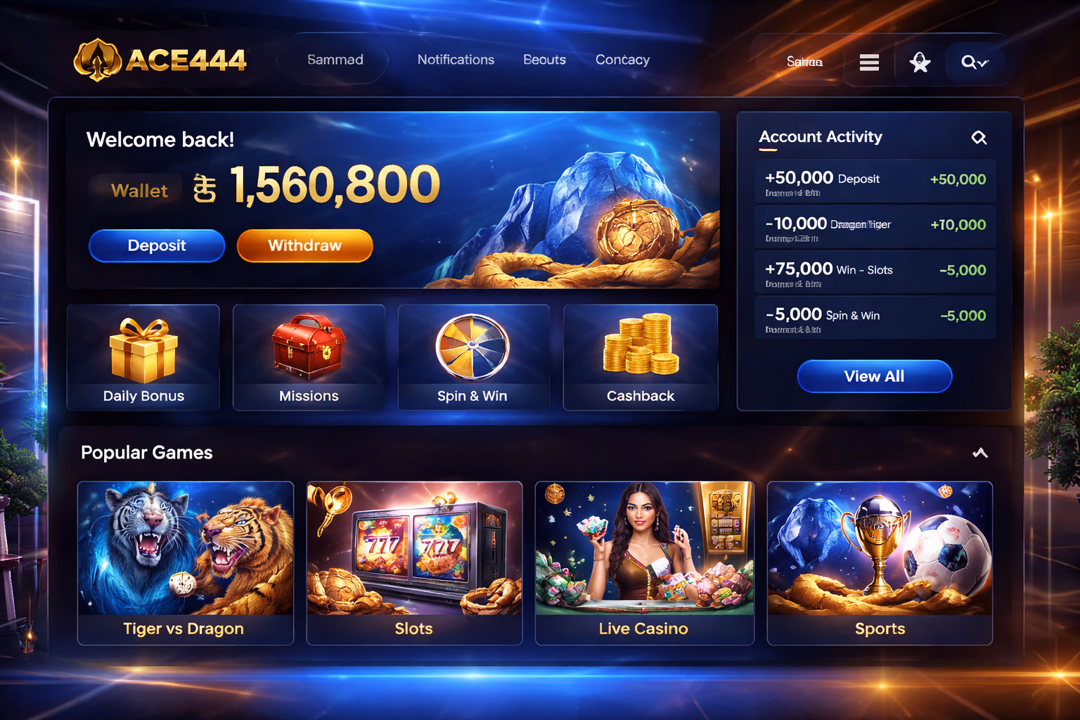 ACE444 member dashboard with rewards wallet history and gaming access in a sleek modern layout